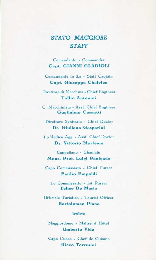 Officers and Staff, SS Saturnia Passenger List, 22 July 1949.