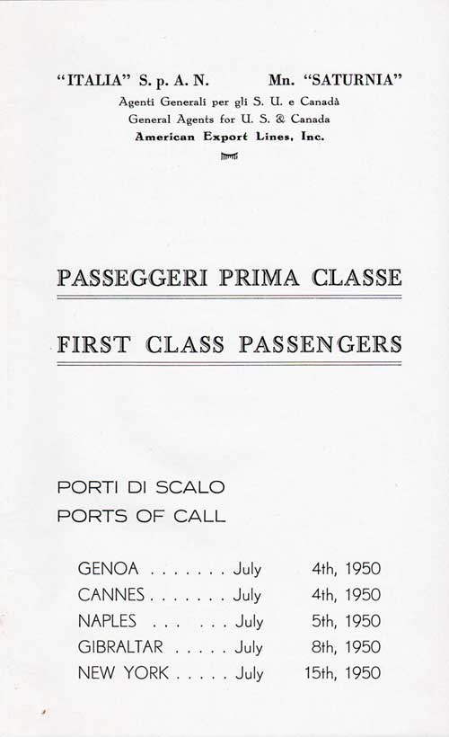 Title Page, SS Saturnia First Class Passenger List, 4 July 1950.