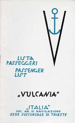 Front Cover of First Class Passenger List for the SS Vulcania 1938