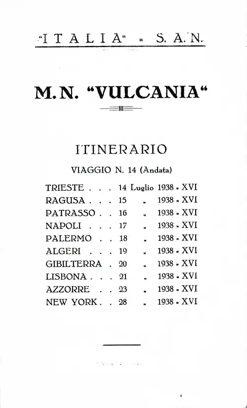 Title Page, SS Vulcania First Class Passenger List, 14 July 1938.