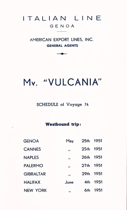 Title Page, First Class Passenger List, MV Vulcania, 25 May 1951.