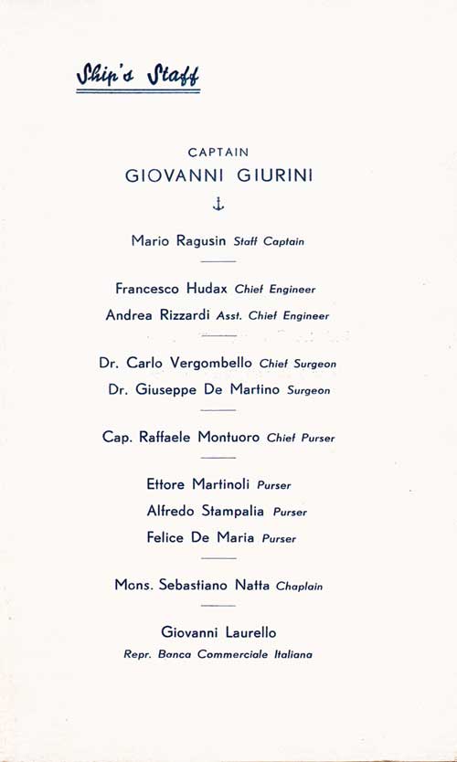 Senior Officers and Staff for the Westbound Voyage No. 74 of the MV Vulcania, 25 May 1951, Part 1 of 2.