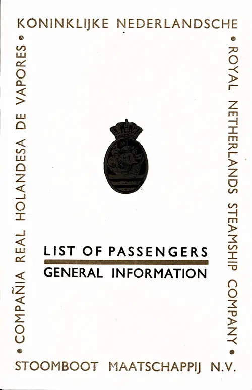Front Cover - Passenger List, SS Oranje Nassau, KNSM, August 1936