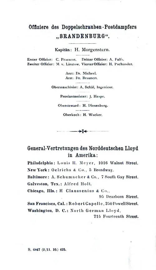List of Senior Officers and Staff, SS Brandenburg Cabin Passenger List, 3 November 1910.