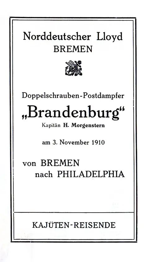 Title Page, SS Brandenburg Cabin Passenger List, 3 November 1910.