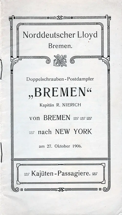 1906-10-27 Passenger Manifest for the SS Bremen
