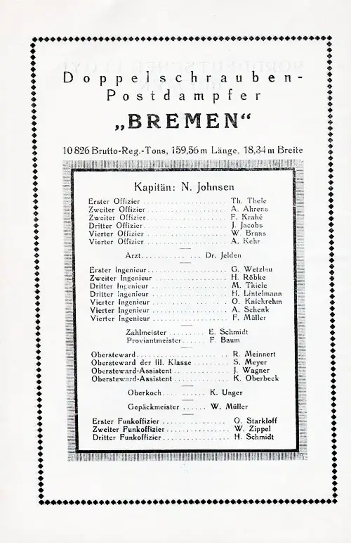 Officers and Staff, SS Bremen Cabin Passenger List, 7 April 1923.