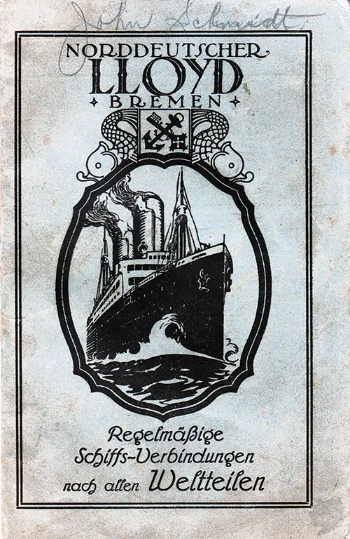 Front Cover of a Third Class Passenger List for the SS Bremen of the North German Lloyd, Departing 12 May 1923 from Bremen to New York