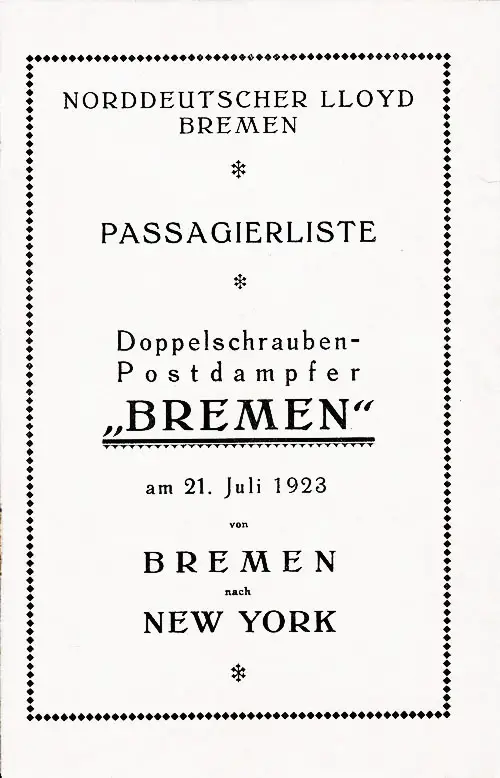 Title Page, SS Bremen Cabin Passenger List, 21 July 1923.