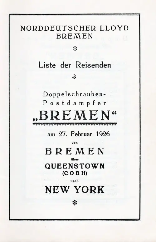 Title Page, SS Bremen Third Class Passenger List, 27 February 1926.