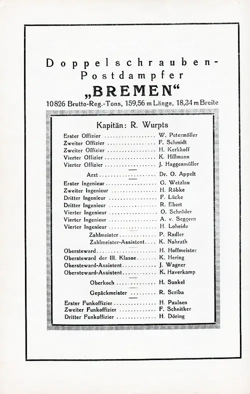 Example of the List of Senior Officers and Staff on the SS Bremen.