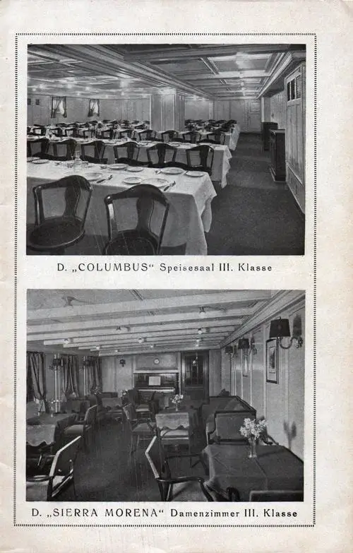 SS Columbus Third Class Dining Room and SS Sierra Morena Third Class Ladies Lounge.