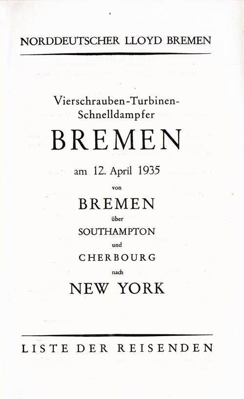 Title Page, SS Bremen Tourist Third Cabin Passenger List, 12 April 1935.