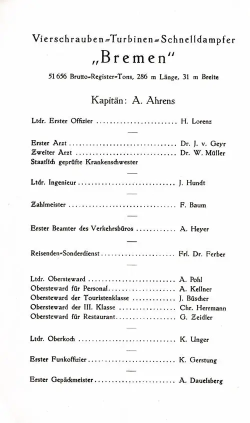 Officers and Staff, SS Bremen Tourist Class Passenger List, 12 April 1935.
