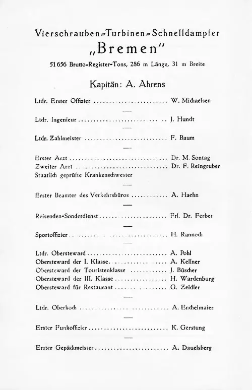 Officers and Staff, SS Bremen Tourist and Third Class Passenger List, 17 October 1936.