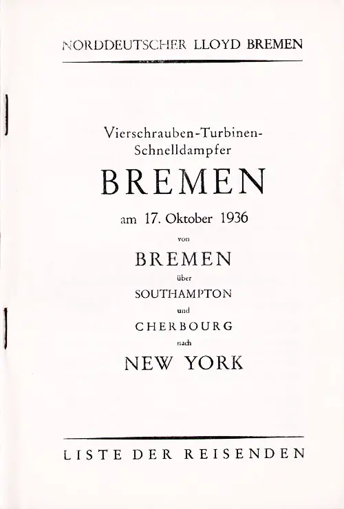Title Page, SS Bremen Tourist and Third Class Passenger List, 17 October 1936.