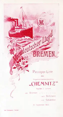 1902-09-18 Passenger List for SS Chemnitz