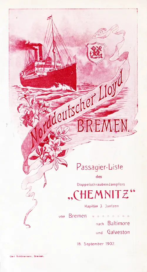 Front Cover of a Cabin Passenger List for the SS Chemnitz of the North German Lloyd, Departing 18 September 1902 from Bremen to Baltimore and Galveston