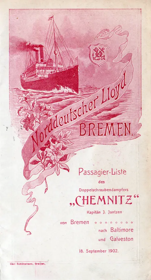 1902-09-18 Passenger Manifest for the SS Chemnitz