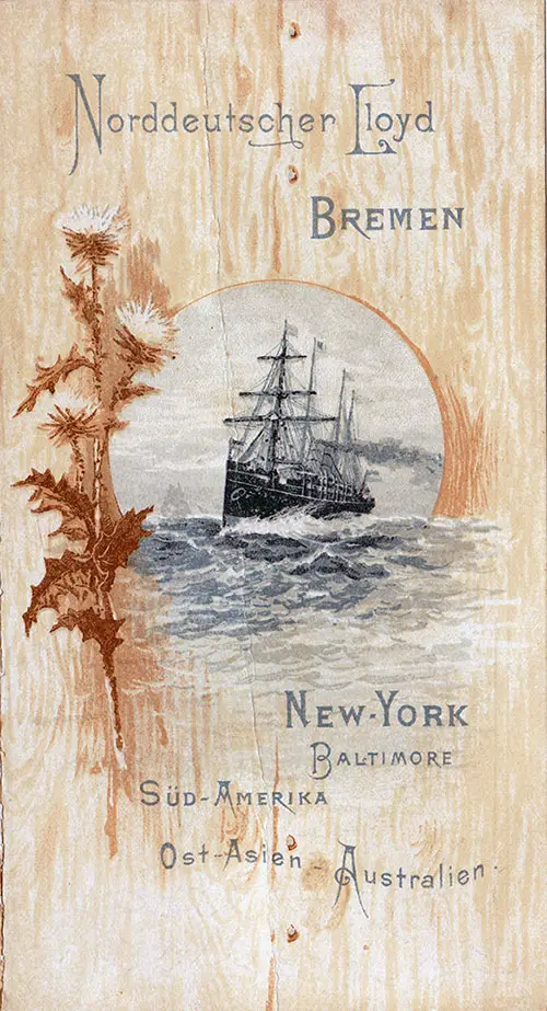 Front Cover, Cabin Passenger List for the SS Eider for the North German Lloyd, Departing on Wednesday, 1 January 1890 from Bremen to New York.