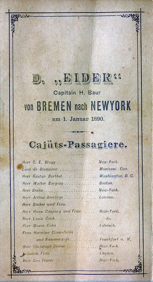 List of Cabin Passengers, Page 1 of 3, SS Eider Cabin Passenger List, 1 January 1890.