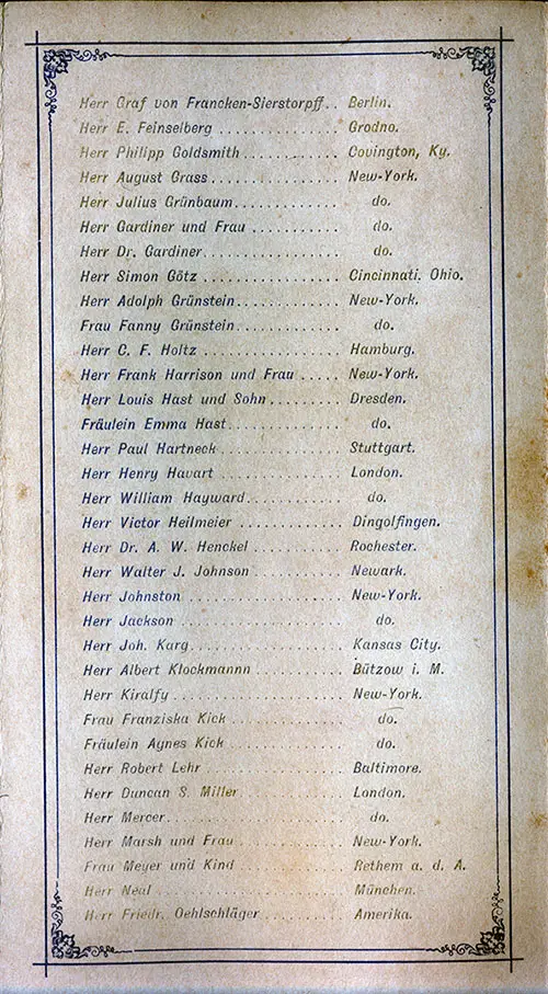 List of Cabin Passengers, Page 2 of 3, SS Eider Cabin Passenger List, 1 January 1890.