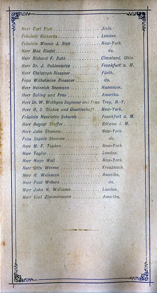 List of Cabin Passengers, Page 3 of 3, SS Eider Cabin Passenger List, 1 January 1890.