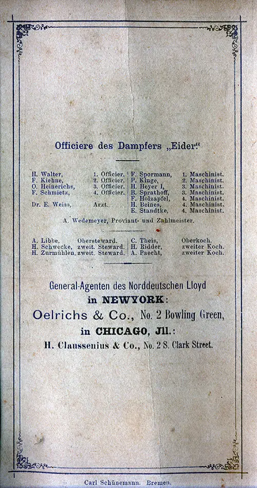 List of Senior Officers and Staff, SS Eider Cabin Passenger List, 1 January 1890.
