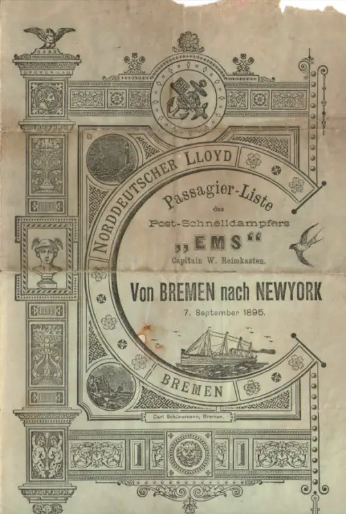 Front Cover, Passenger List, Norddeutscher Lloyd, SS Ems, 7 September 1895
