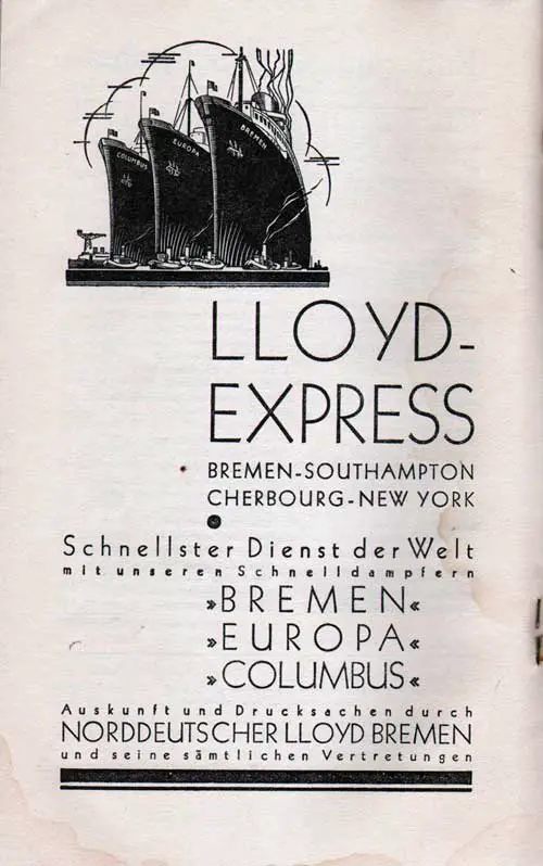Advertisement for the Express Liners SS Bremen, SS Europa, and SS Columbus of the Norddeutscher Lloyd, Bremen-Southampton-Cherbourg-New York.