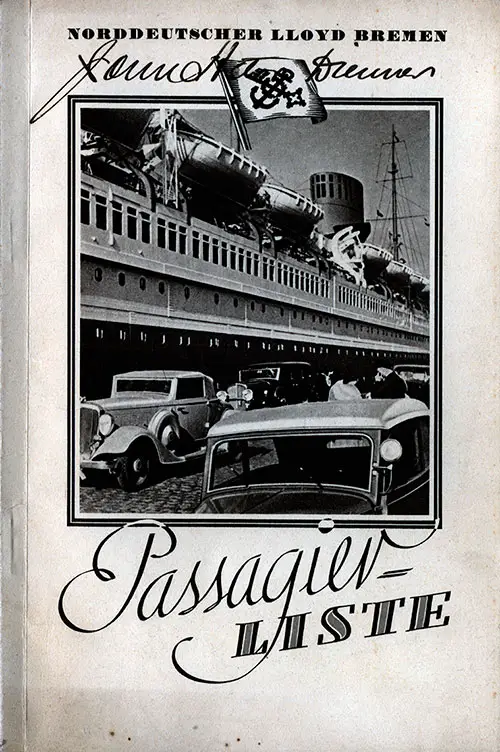 Front Cover, Passenger List, North German Lloyd, SS Europa, 13 June 1936