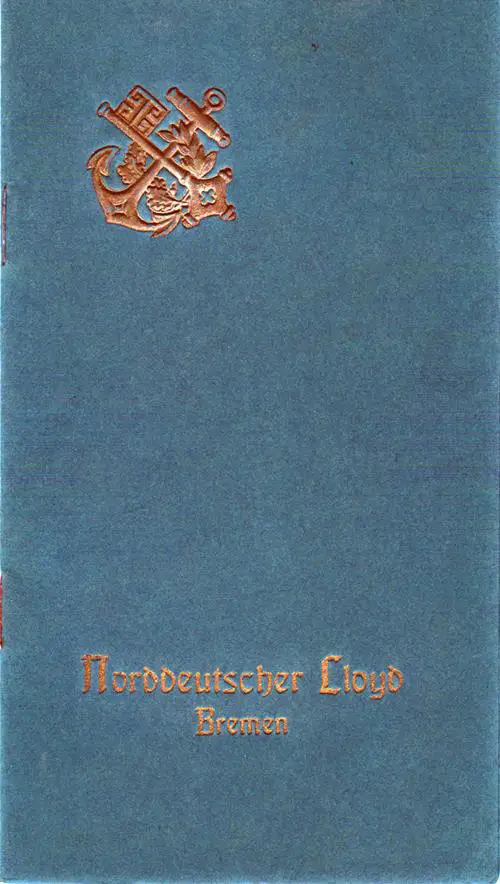 Front Cover, Passenger List, SS Grosser Kurfürst, Norddeutscher Lloyd, April 1909, Genoa to New York 