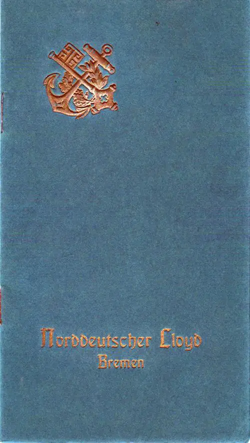 Front Cover, First Cabin Passenger List for the SS Grosser Kurfürst of the North German Lloyd, Departing Saturday, 10 April 1909 from Genoa to New York.