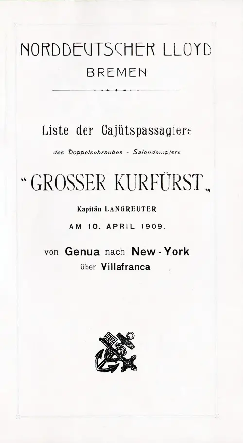 Title Page, SS Grosser Kurfürst First Cabin Passenger List, 10 April 1909.