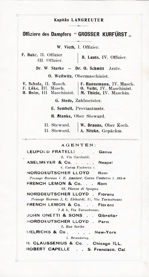 Listing of Senior Officers and Agencies, SS Grosser Kurfürst First Cabin Passenger List, 10 April 1909.