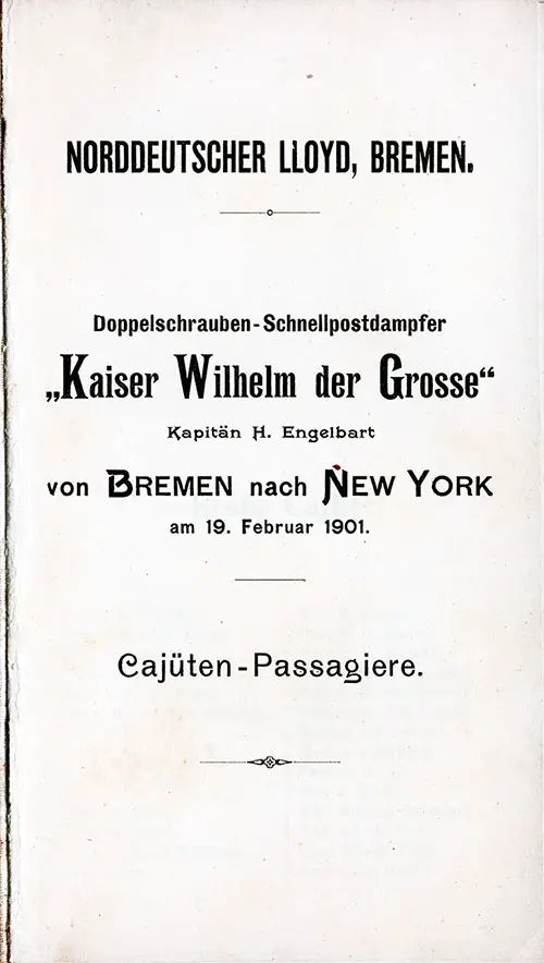 Title Page, SS Kaiser Wilhelm der Grosse Cabin Passenger List, 19 February 1901.