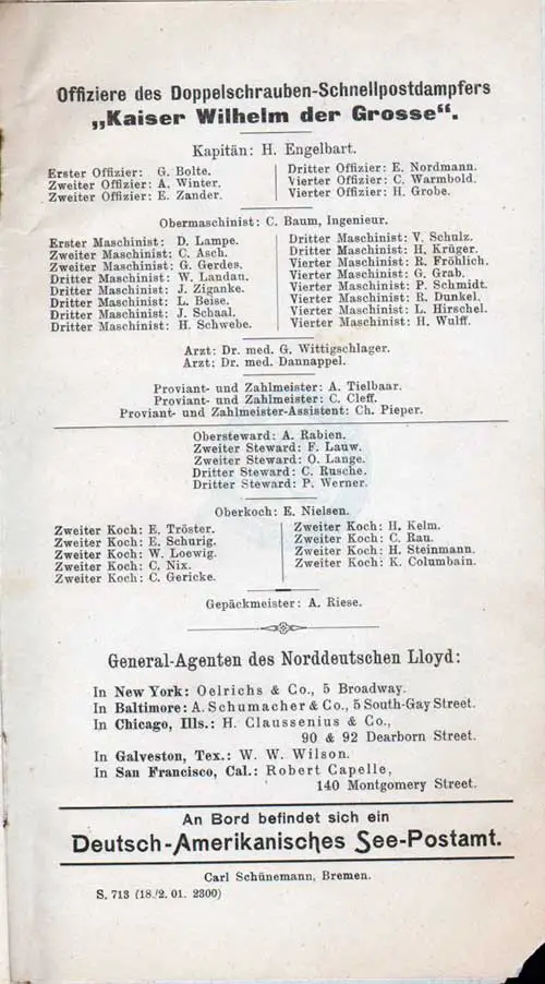List of Senior Officers and Staff, SS Kaiser Wilehlm der Grosse Cabin Passenger List, 19 February 1901.