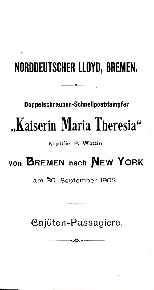 Title Page, SS Kaiserin Maria Theresia Cabin Passenger List, 30 September 1902.
