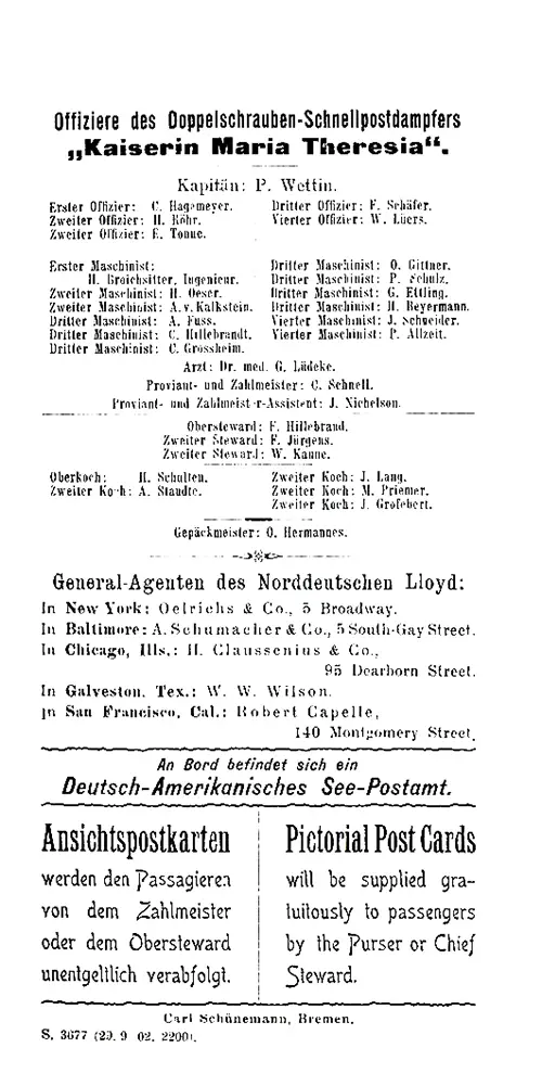 Senior Officers and Staff, SS Kaiserin Maria Theresia Cabin Passenger List, 30 September 1902.
