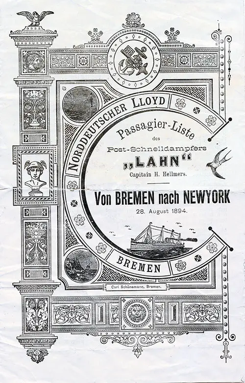 Front Cover of an Exceedingly Rare Steerage Passenger List From the 28 August 1894 Voyage of the Ss Lahn of the Norddeutscher Lloyd.