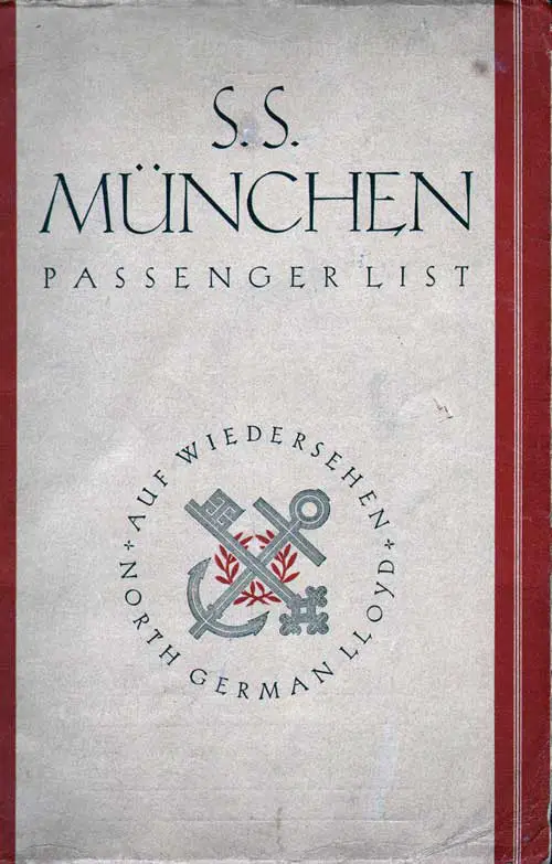 Passenger List, SS Müchen, Norddeutscher Lloyd, March 1929, New York to Bremen