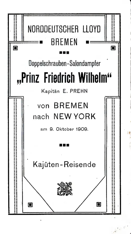 Title Page, SS Prinz Friedrich Wilehlm Cabin Passenger List, 9 October 1909.