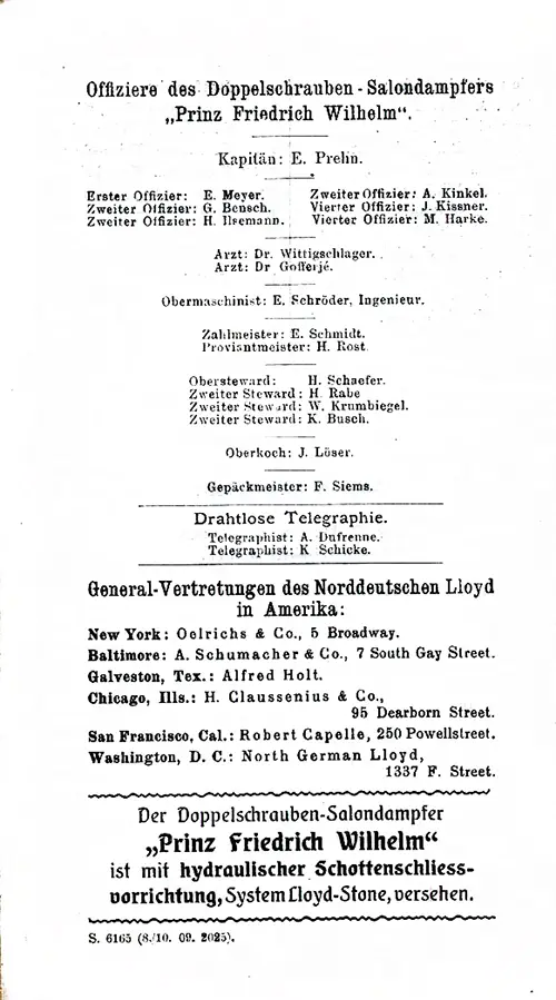 List of Senior Officers and Staff, SS Prinz Friedrich Wilhelm Passenger List, 9 October 1909.