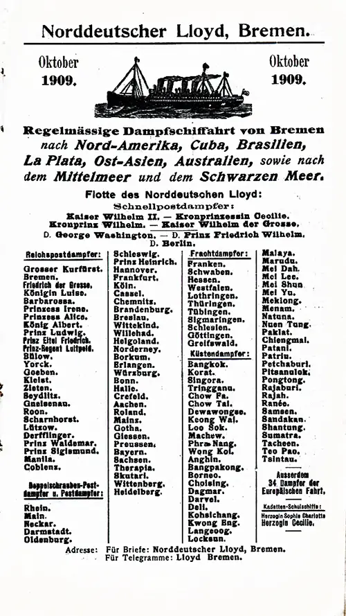 Norddeutscher Lloyd Fleet List, 1909.