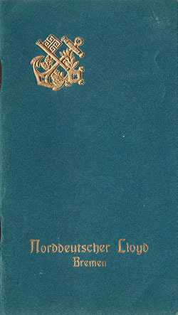 Front Cover, First Class Passegner List for the SS Prinzess Irene of the North German Lloyd, Departing Thursday, 12 November 1908 from Genoa to New York.