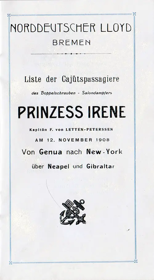 Title Page, SS Prinzess Irene First Class Passenger List, 12 November 1908.