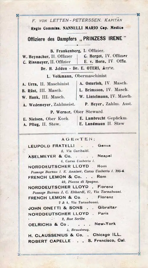 List of Senior Officers and Staff, SS Prinzess Irene First Class Passenger List, 12 November 1908.