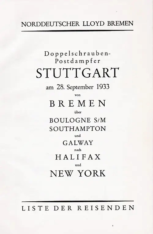 Title Page, SS Stuttgart Passenger List, 28 September 1933.