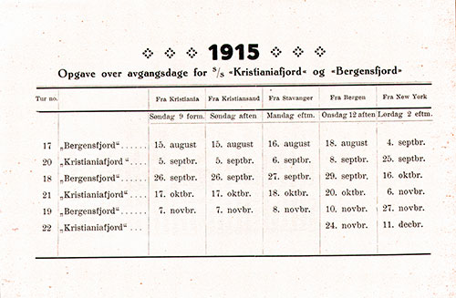 Scheduled Sailings for the Bergensfjord and Kristianiafjord from 15 August through 11 December, 1915.