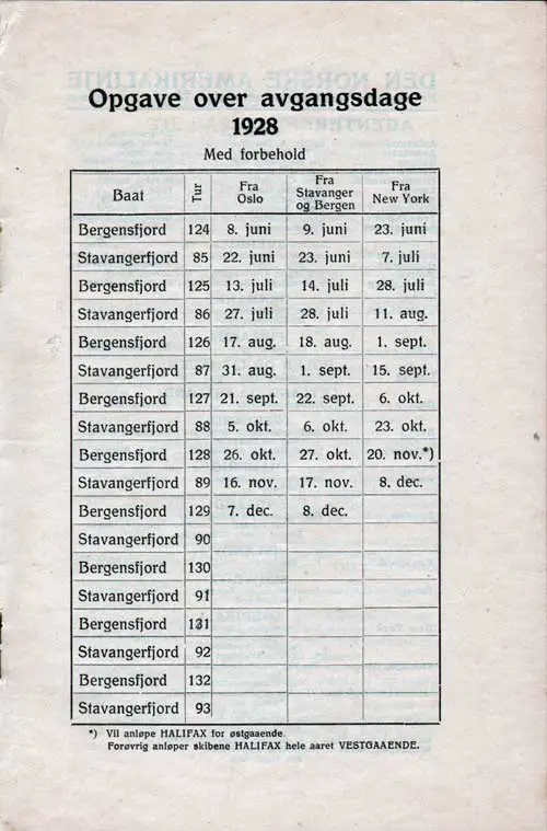 Sailing Schedule for the SS Bergensfjord and SS Stavangerfjord from 8 June through 8 December 1928.